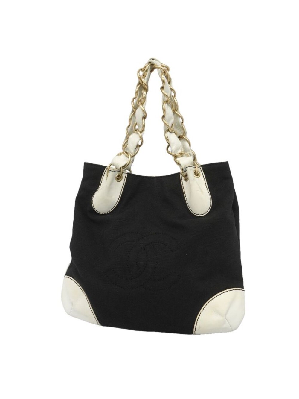 Chanel Chain Tote Leather Canvas Black Champagne Gold